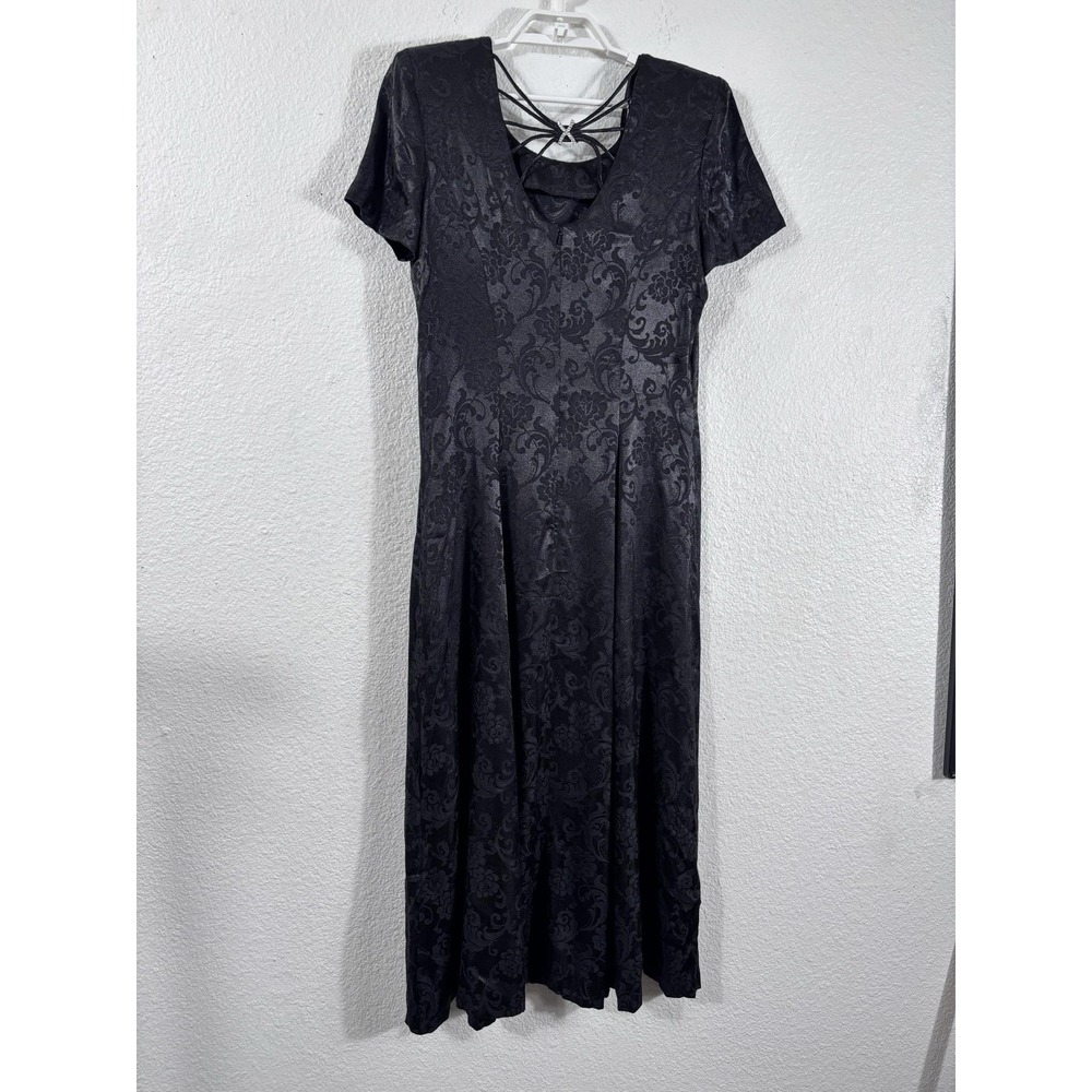 Vintage Another Thyme Dress Womens 8 Black Floral Jacquard Maxi Party Goth Y2K